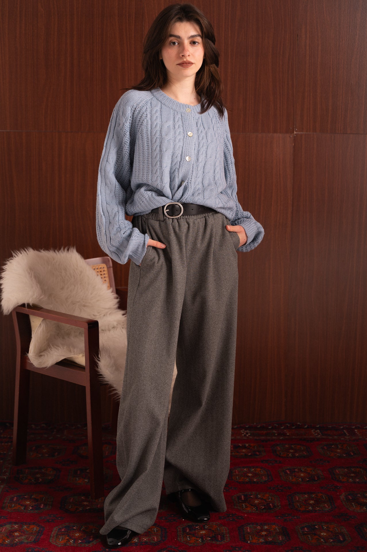 Pantalone Spigato Grigio con Elastico in Vita e Cintura