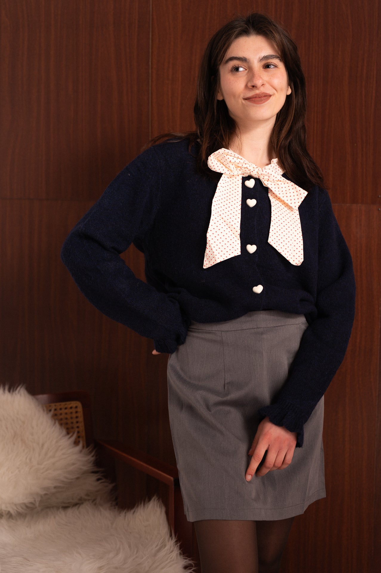 Cardigan blu donna con fiocco stampato e bottoni a cuore