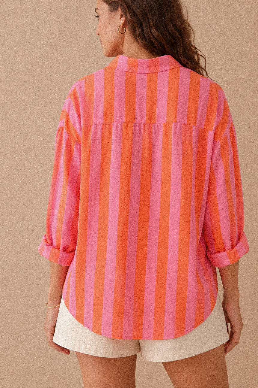 Camicia a Righe Rosa e Arancio con Colletto Coreano in Cotone