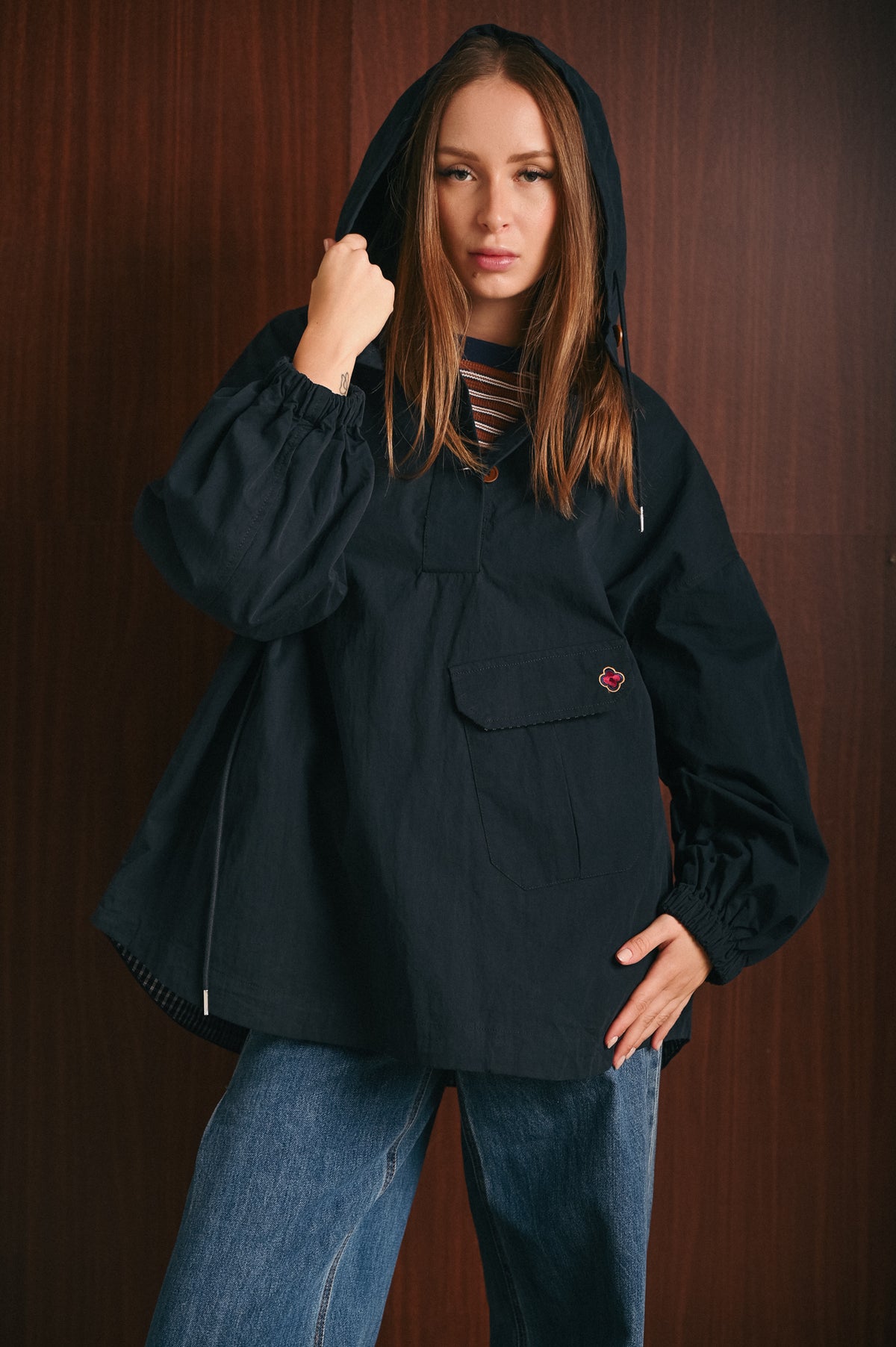 Rain Coat Donna Blu con Cappuccio, Tasche e Coulisse – Giacca Antipioggia Pullover