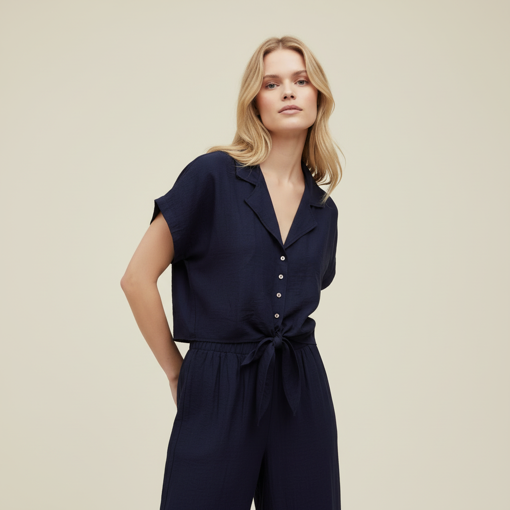 Set Betulla color blu in viscosa – completo donna con top nodo e pantaloni culotte