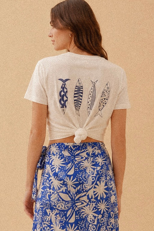 T-shirt Bianca con Stampa Pesci in Cotone