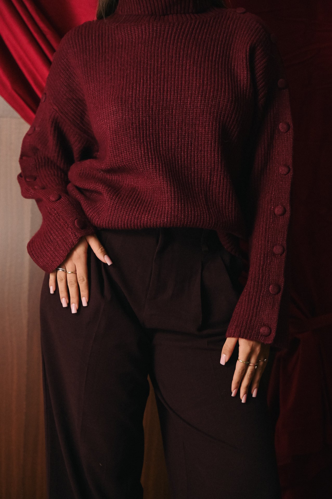 Maglione Donna Collo Alto Bordeaux | Pullover Misto Lana Bottoni sulle Maniche