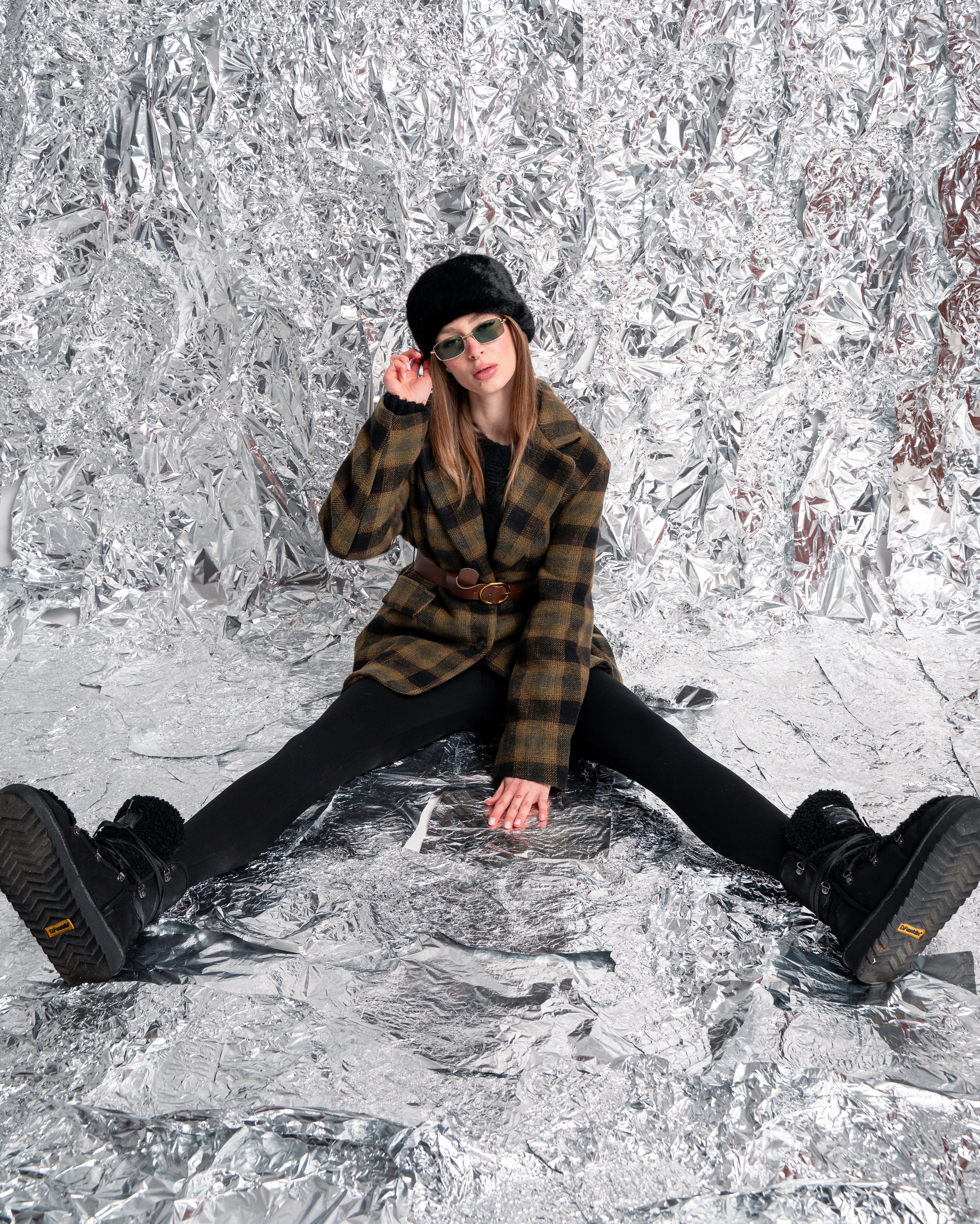 Cappotto corto a quadri multicolor con cintura