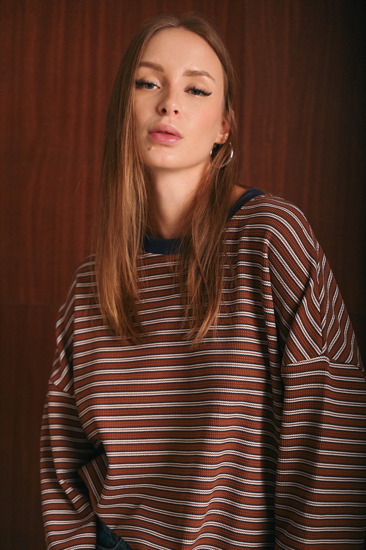 Blusa Donna Morbida a Righe Marroni Blu e Bianche in Cotone Stretch