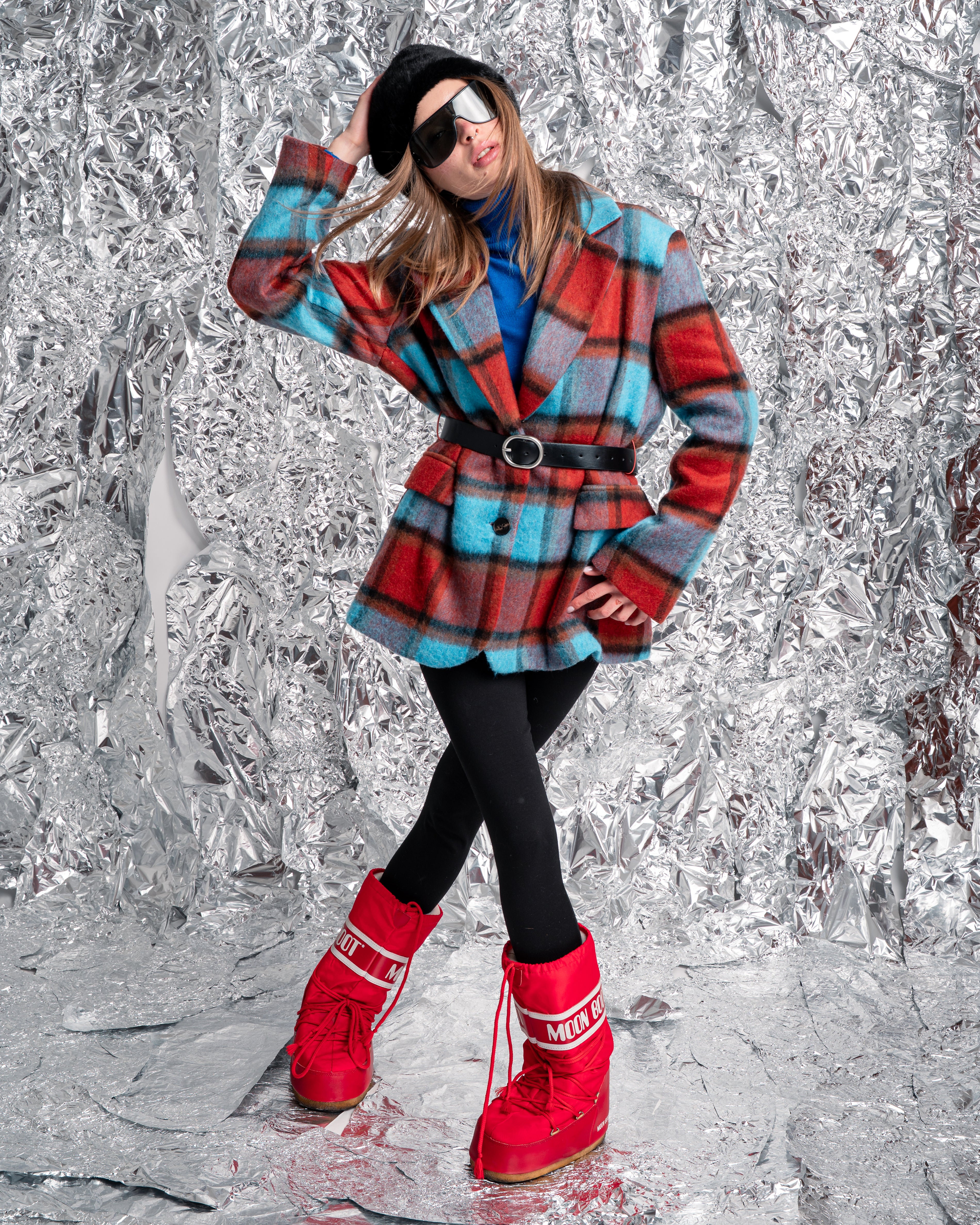 Cappotto corto a quadri multicolor con cintura