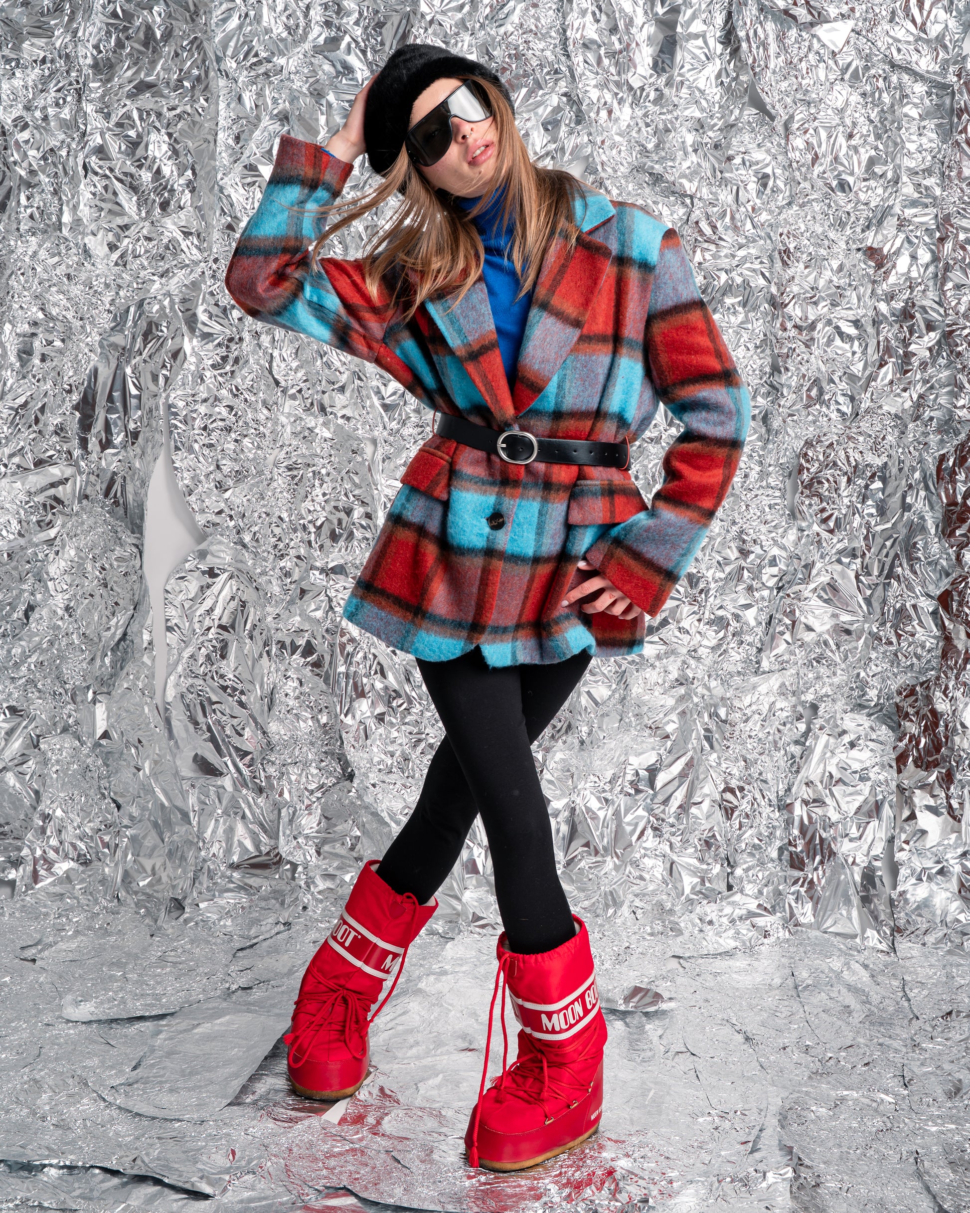 Cappotto corto a quadri multicolor con cintura