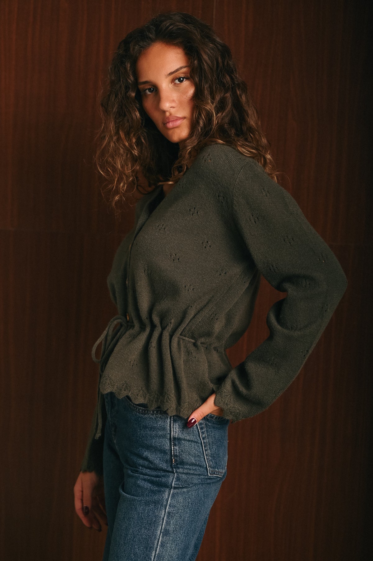 Cardigan Donna kaki Ricamato con Scollo a V