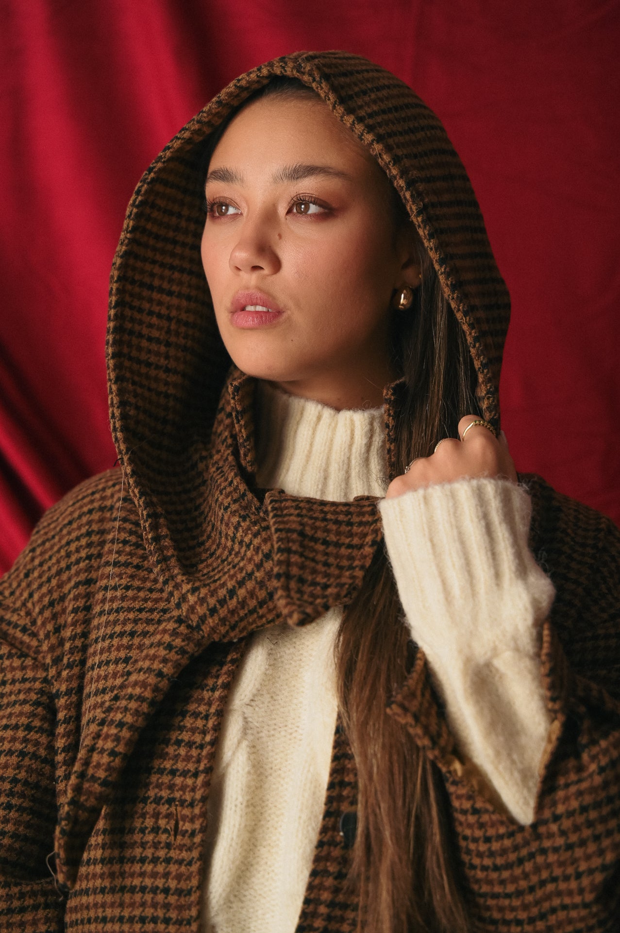 Giacchino Corto Donna Pied de Poule con Cappuccio | Giacca 35% Lana Bottoni | Stile Collegiale