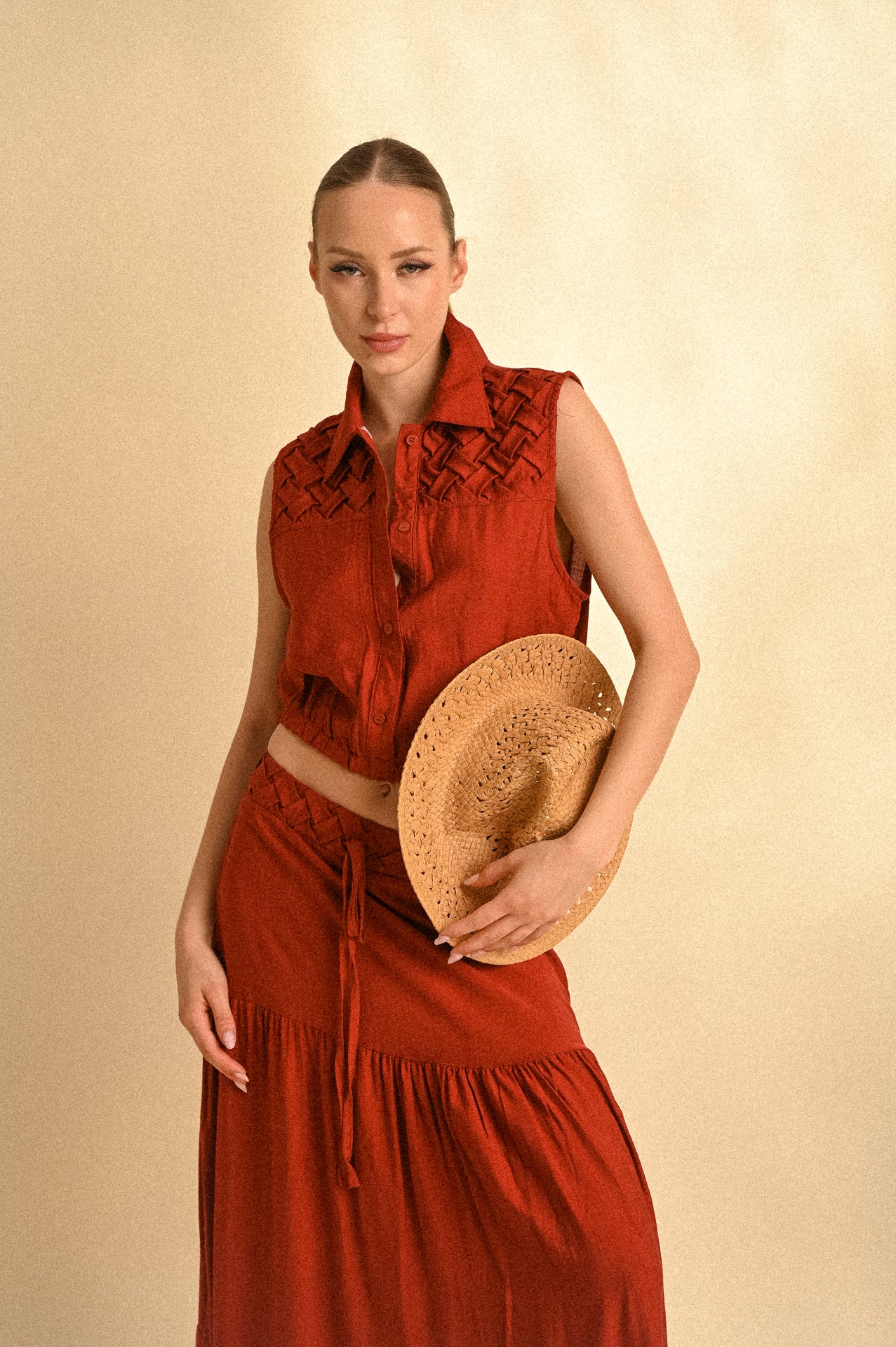 Completo Marrakech Terracotta – Top Intrecciato e Gonna Lunga a Balze Donna