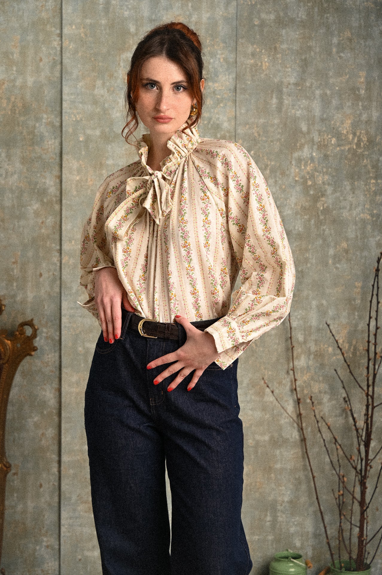 Camicia donna Roselie a fiori con fiocco – Blusa romantica in cotone 100% manica ampia