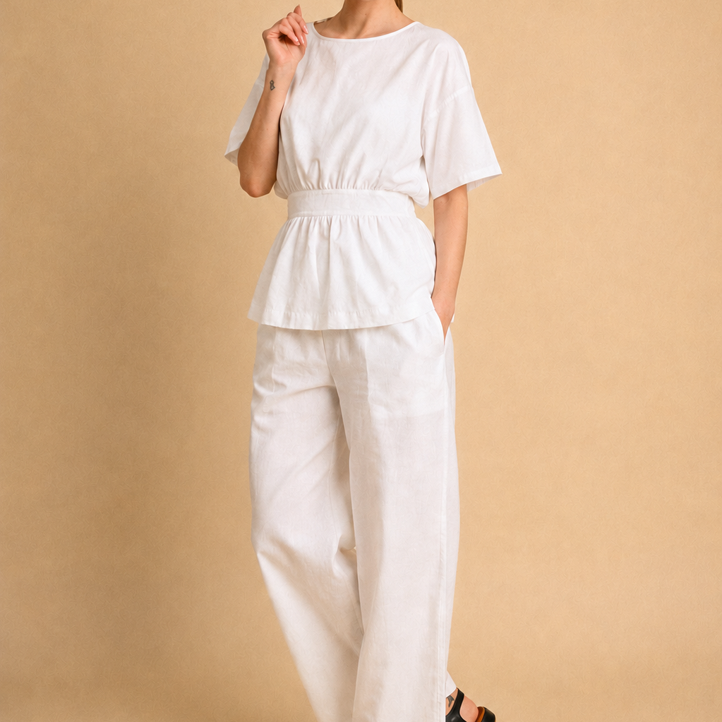 Set Amalfi Bianco in Cotone e Lino – Top con Schiena Scoperta e Pantalone Palazzo
