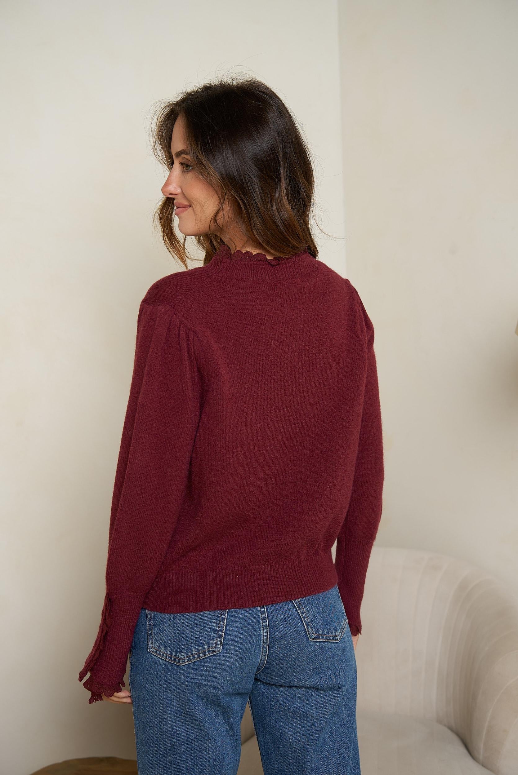 Maglia Donna bordeaux Modello Camille | Collo e Polsi in Pizzo | Misto Lana Morbido