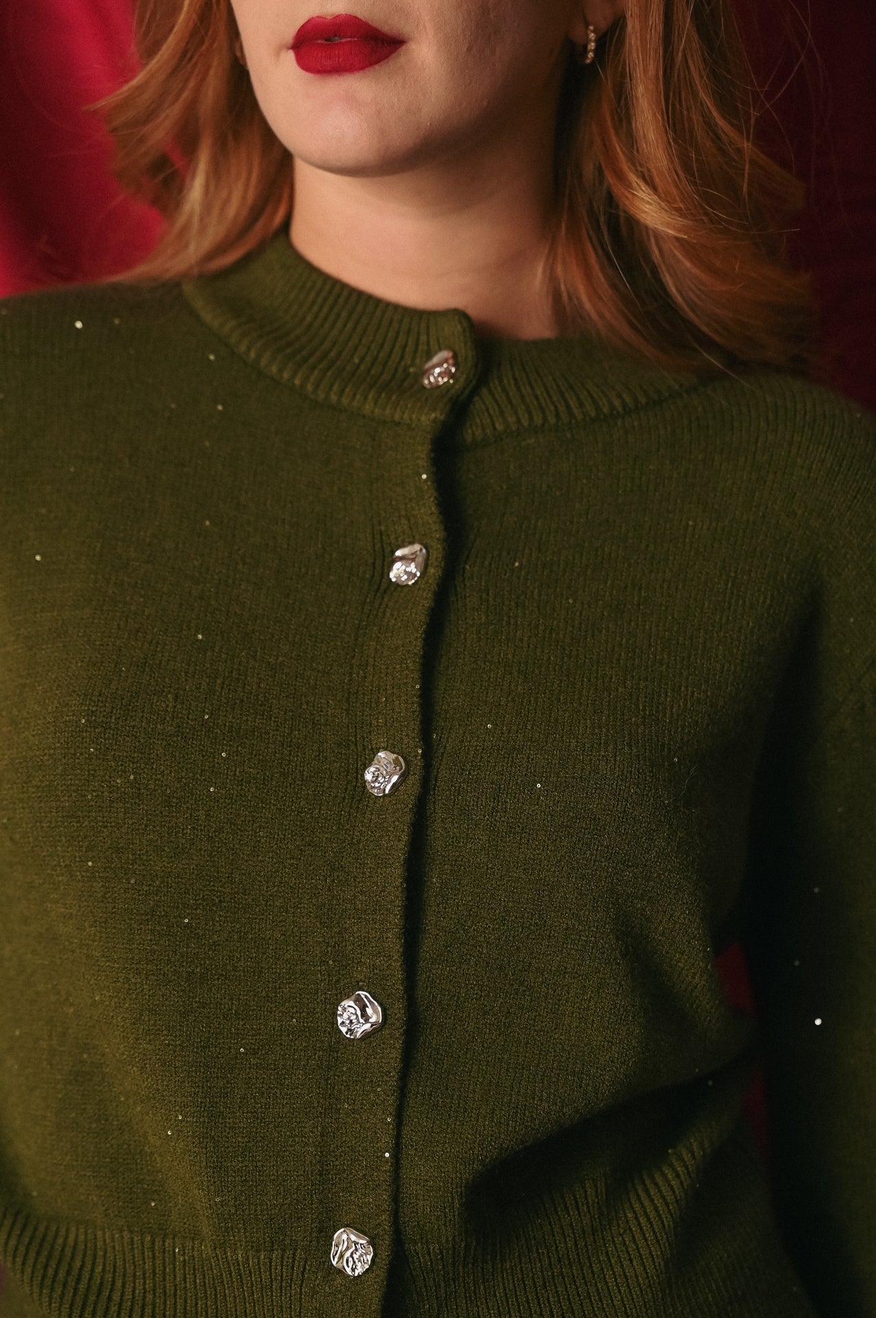 Cardigan Donna Verde Scintillante Bottoni Gioiello | Giacchino Paillettes Party