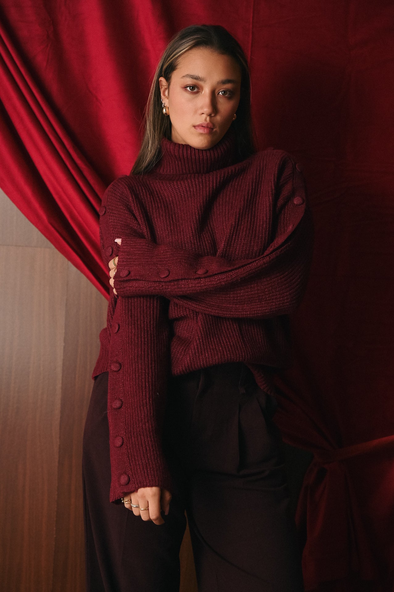 Maglione Donna Collo Alto Bordeaux | Pullover Misto Lana Bottoni sulle Maniche