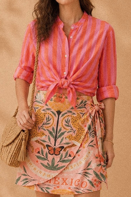 Camicia con collo coreano a righe rosa e corallo in cotone