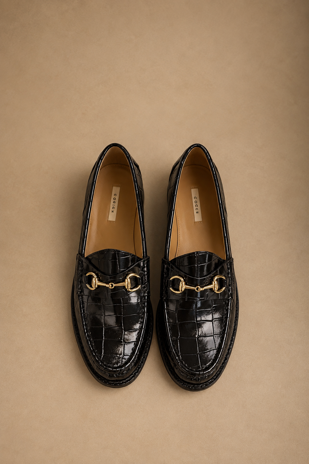 Mocassino Donna Nero Effetto Cocco con Morsetto Dorato – Horsebit