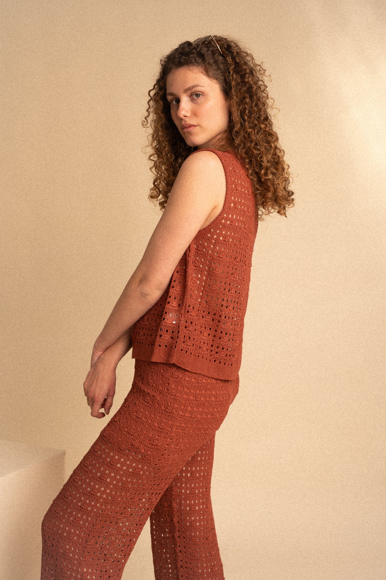 Pantalone Traforato in Cotone con Elastico – Color Terracotta