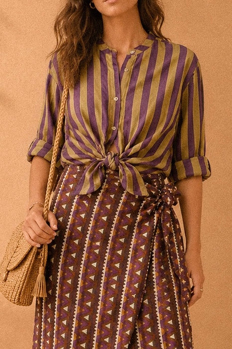 Camicia con collo coreano a righe viola e senape in cotone