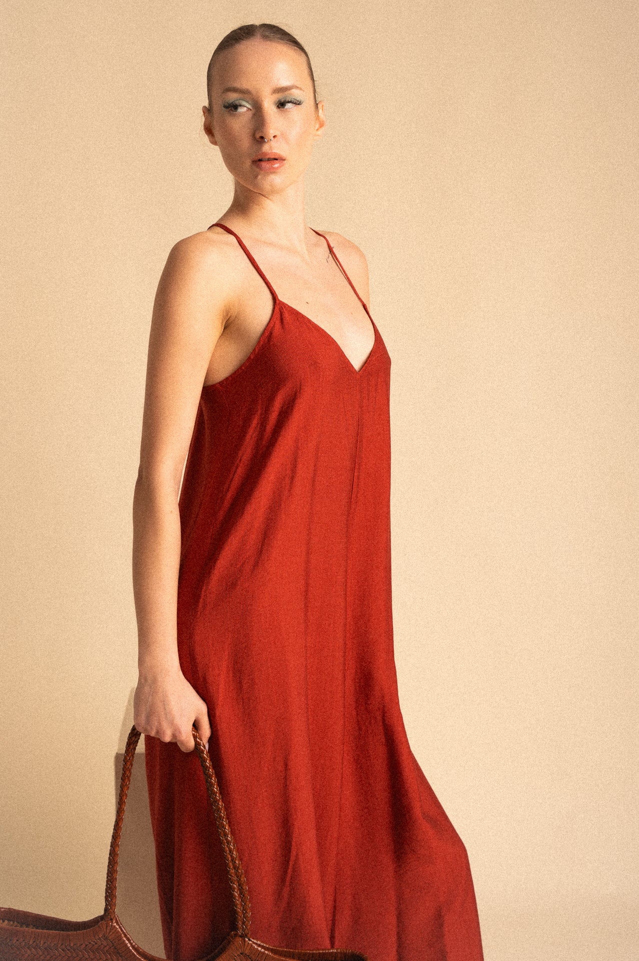 Jumpsuit Lunga Terracotta in Viscosa con Spalline Sottili