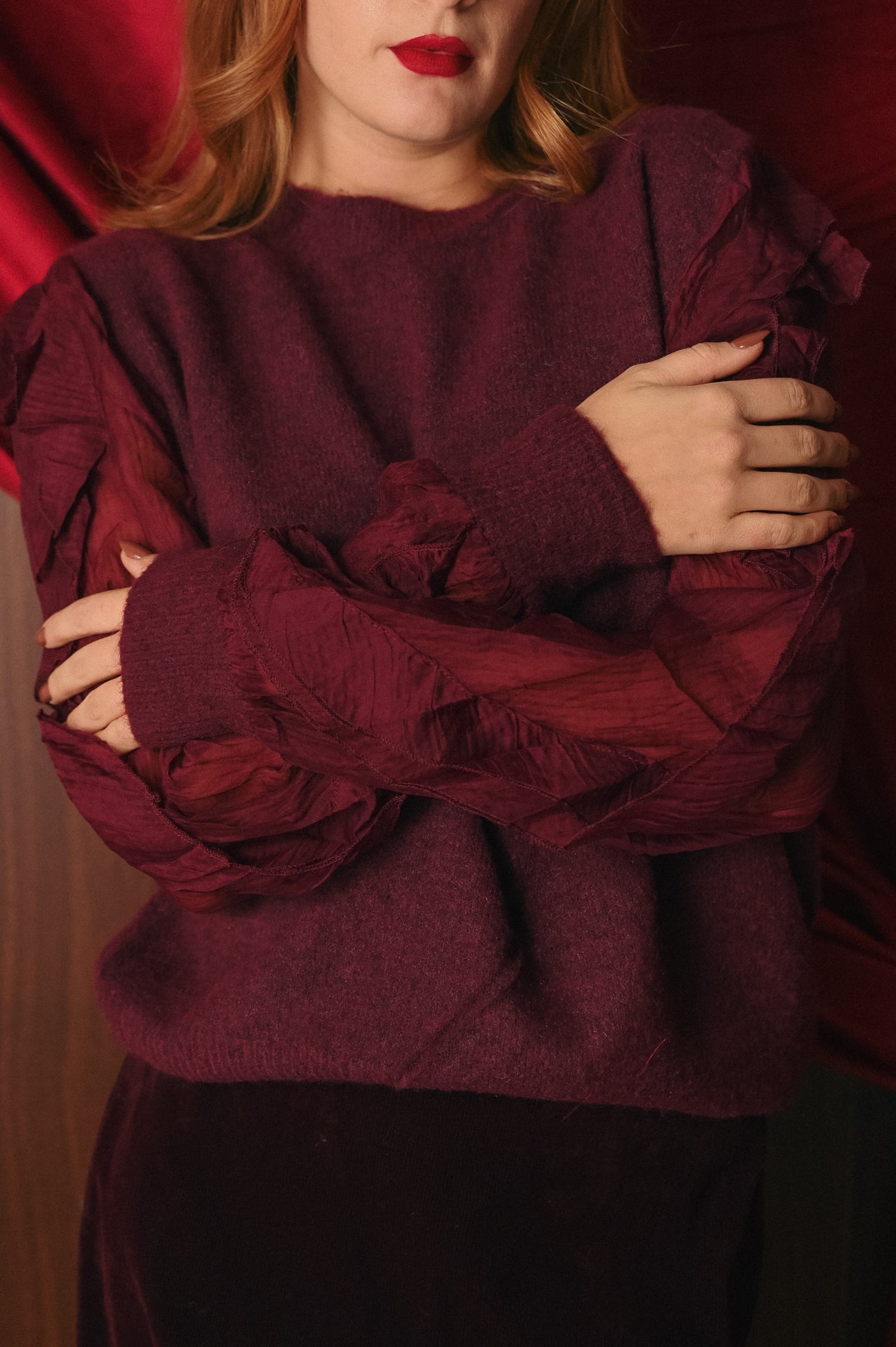 Maglione Donna Bordeaux Maniche Tulle Trasparente | Pullover