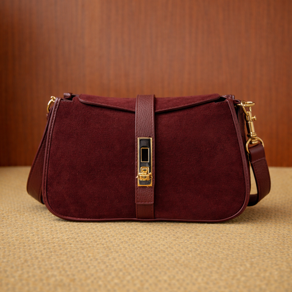 Borsa a mano donna in doppia pelle liscia e pelle scamosciata color bordeaux, caratterizzata da un elegante gioco di texture che valorizza il design essenziale. La parte in camoscio dona profondità e morbidezza visiva, mentre gli inserti in pelle liscia definiscono la struttura e i dettagli. La chiusura frontale con elemento metallico aggiunge un accento raffinato, mantenendo uno stile pulito e contemporaneo. Compatta ma funzionale, è una borsa versatile, ideale per accompagnare look quotidiani e serali con