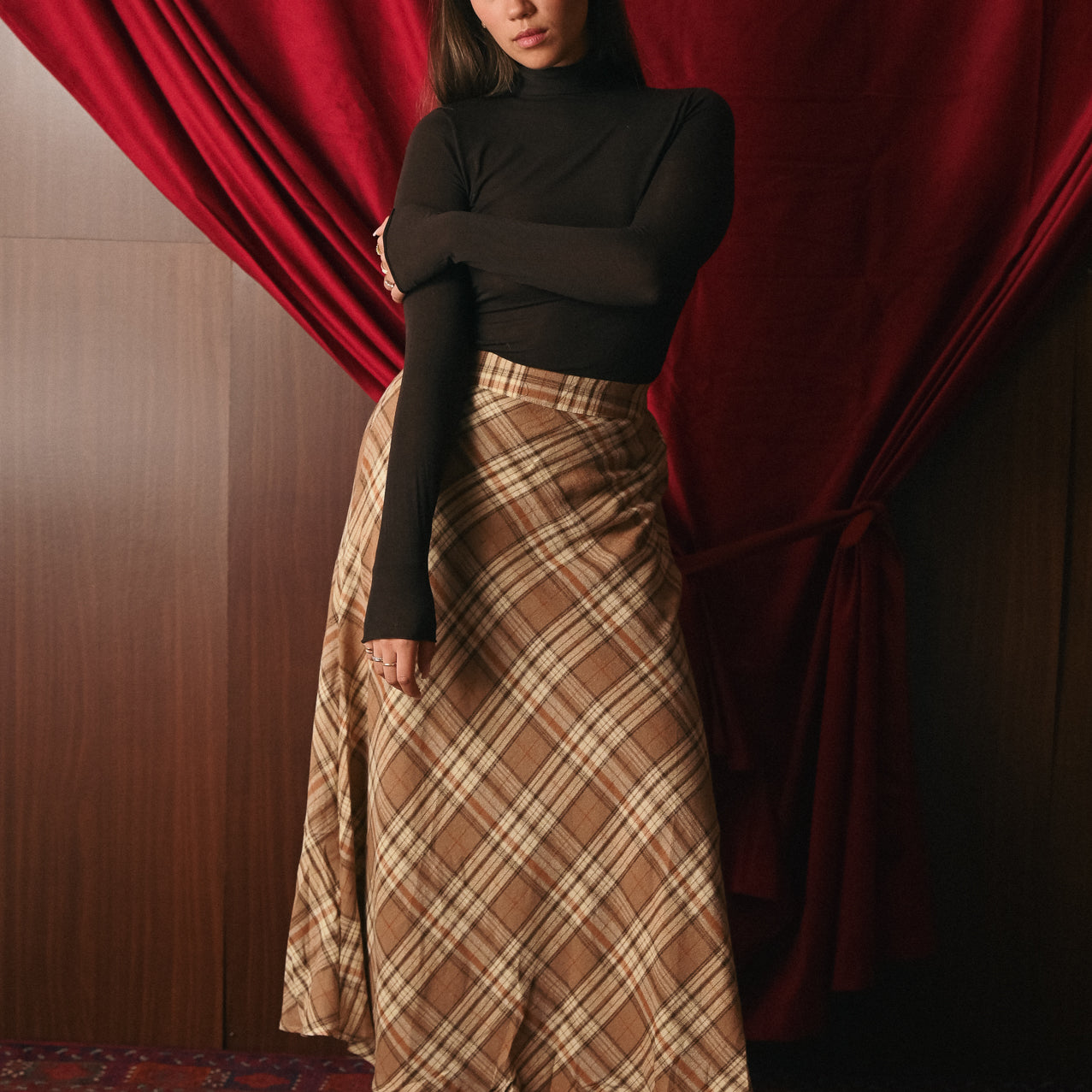 Gonna Lunga Tartan Donna | Fantasia Scozzese Beige/Marrone | Vita Elastica Posteriore