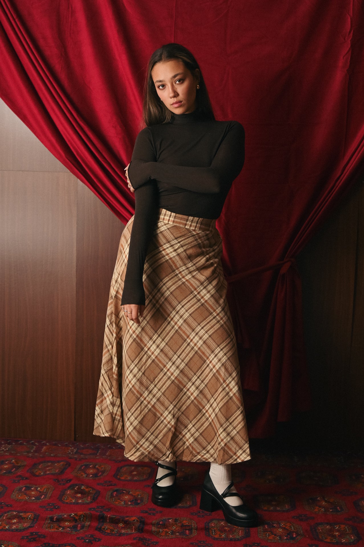 Gonna Lunga Tartan Donna | Fantasia Scozzese Beige/Marrone | Vita Elastica Posteriore