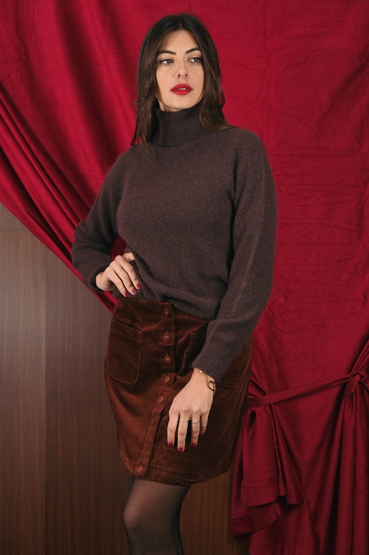 Maglione marrone collo alto donna Amelìe misto alpaca e lana | made in Italy