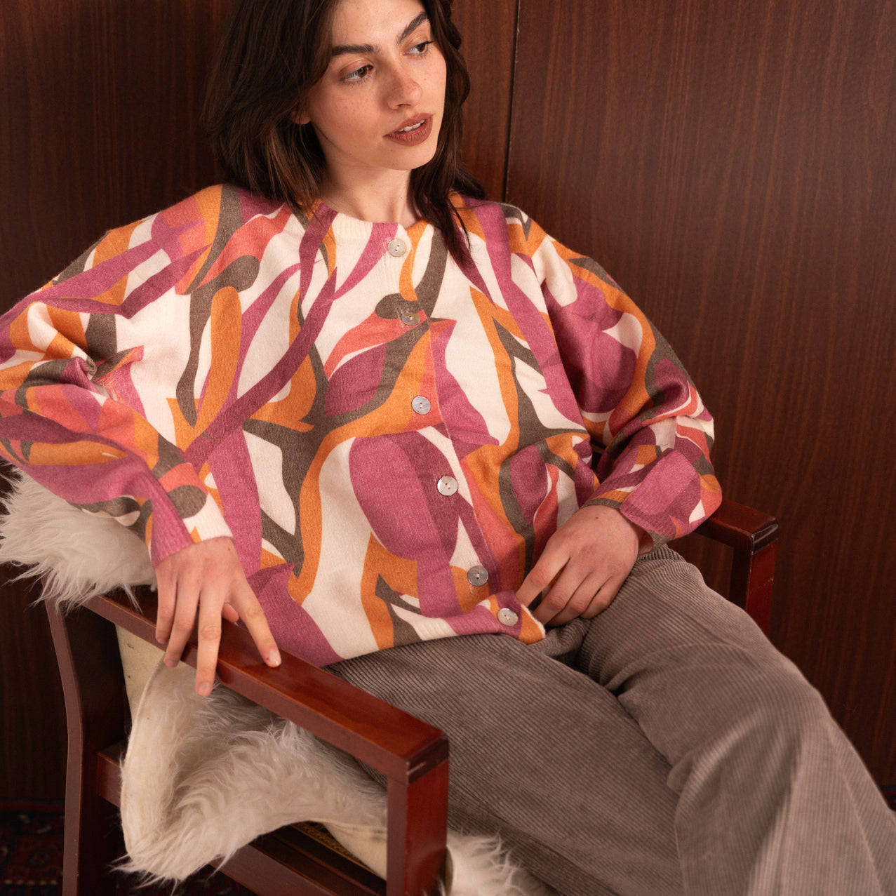 Cardigan Donna Fantasia Grafica Multicolor con Bottoni