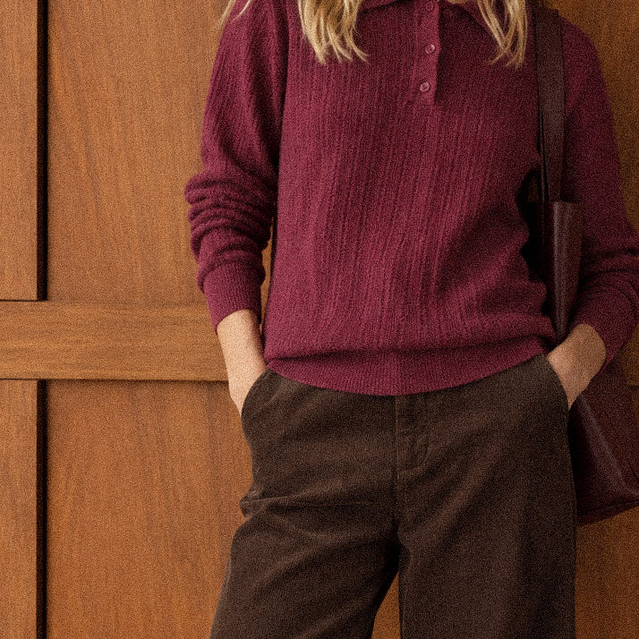 Polo Donna in Maglia Bordeaux a Coste Verticali Fini