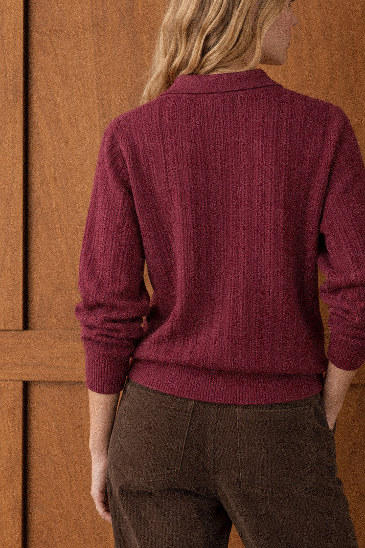 Polo Donna in Maglia Bordeaux a Coste Verticali Fini