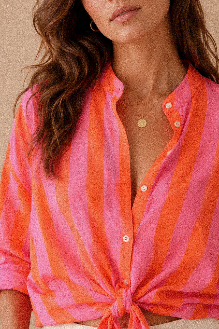 Camicia a Righe Rosa e Arancio con Colletto Coreano in Cotone