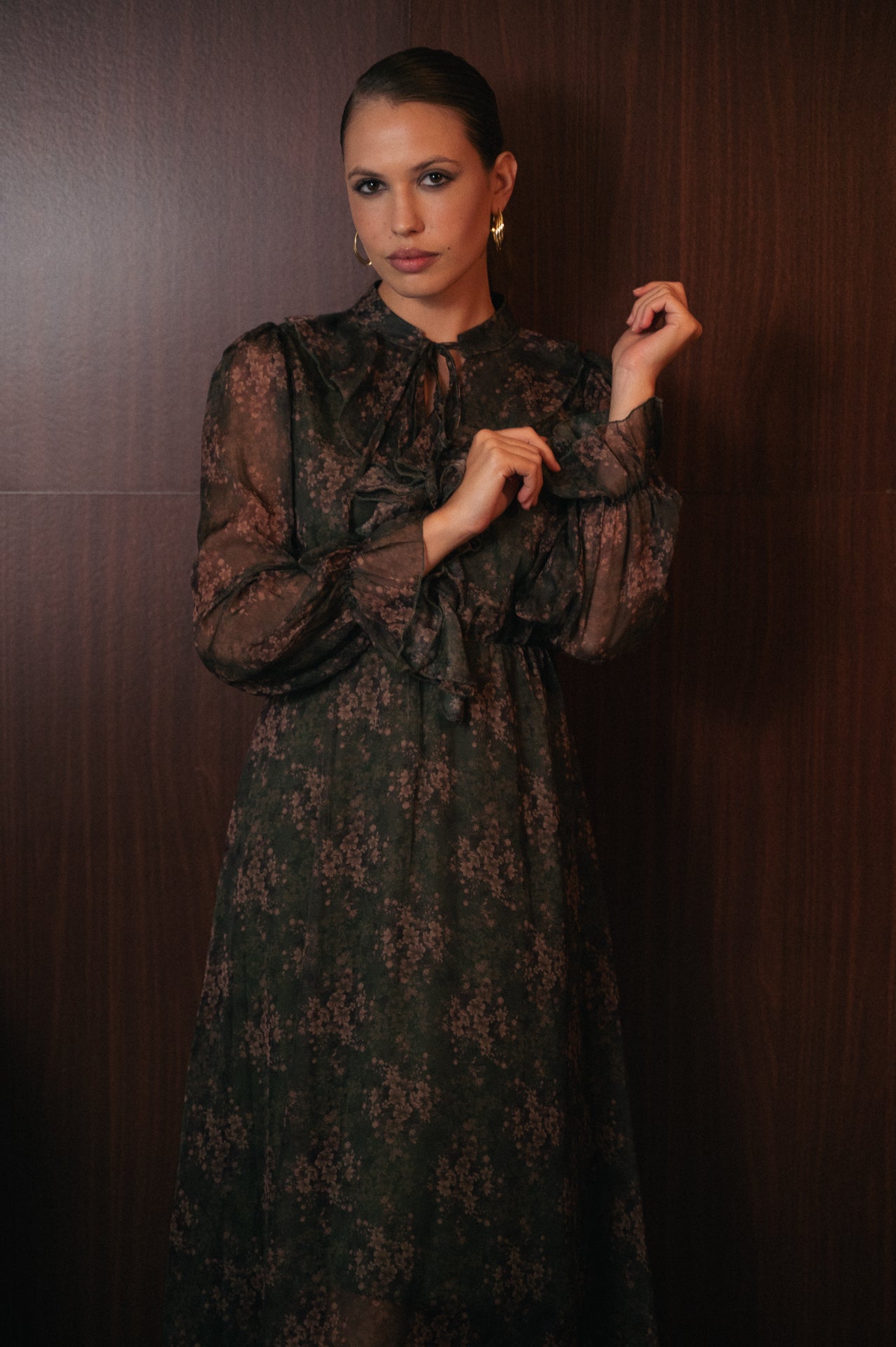 Abito Lungo Donna Floreale Trasparente | Volant e Fusciacca Verde Scuro | Elegante