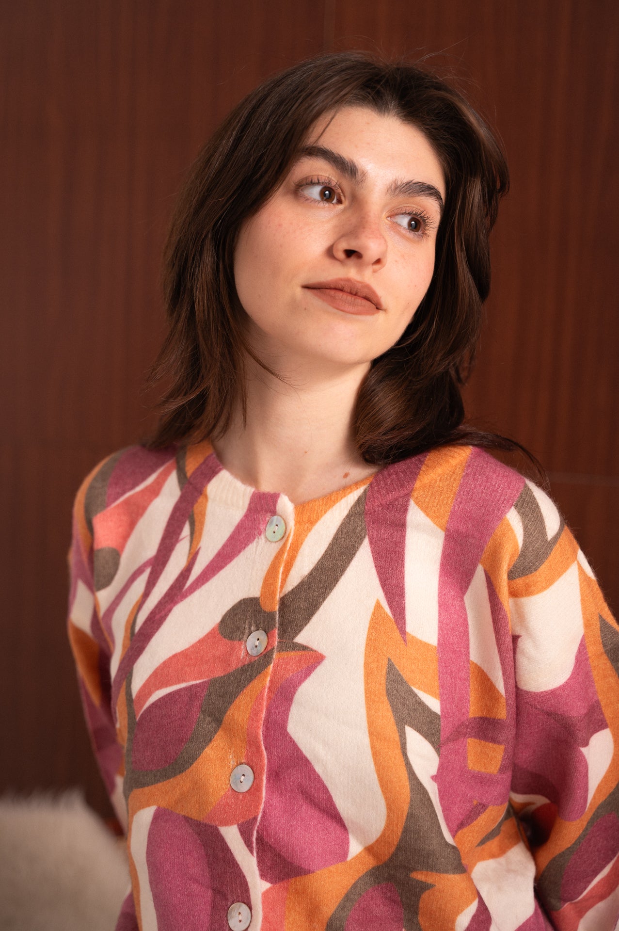 Cardigan Donna Fantasia Grafica Multicolor con Bottoni