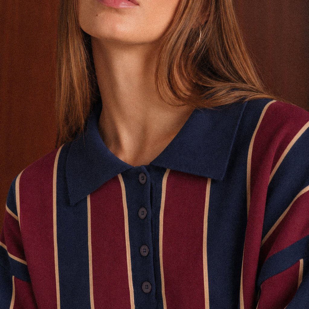 Polo Donna in Maglia a Righe Blu Navy e Bordeaux con Lana