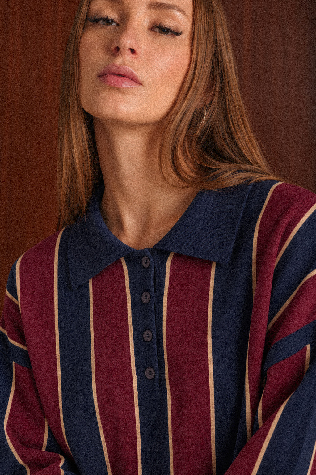 Polo Donna in Maglia a Righe Blu Navy e Bordeaux con Lana