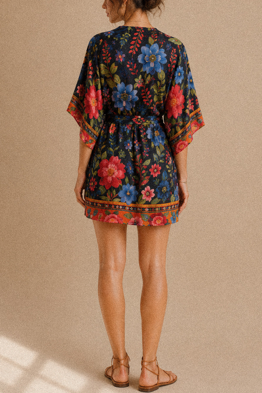 Abito a portafoglio blu “Tropical Bloom” – Stampa floreale