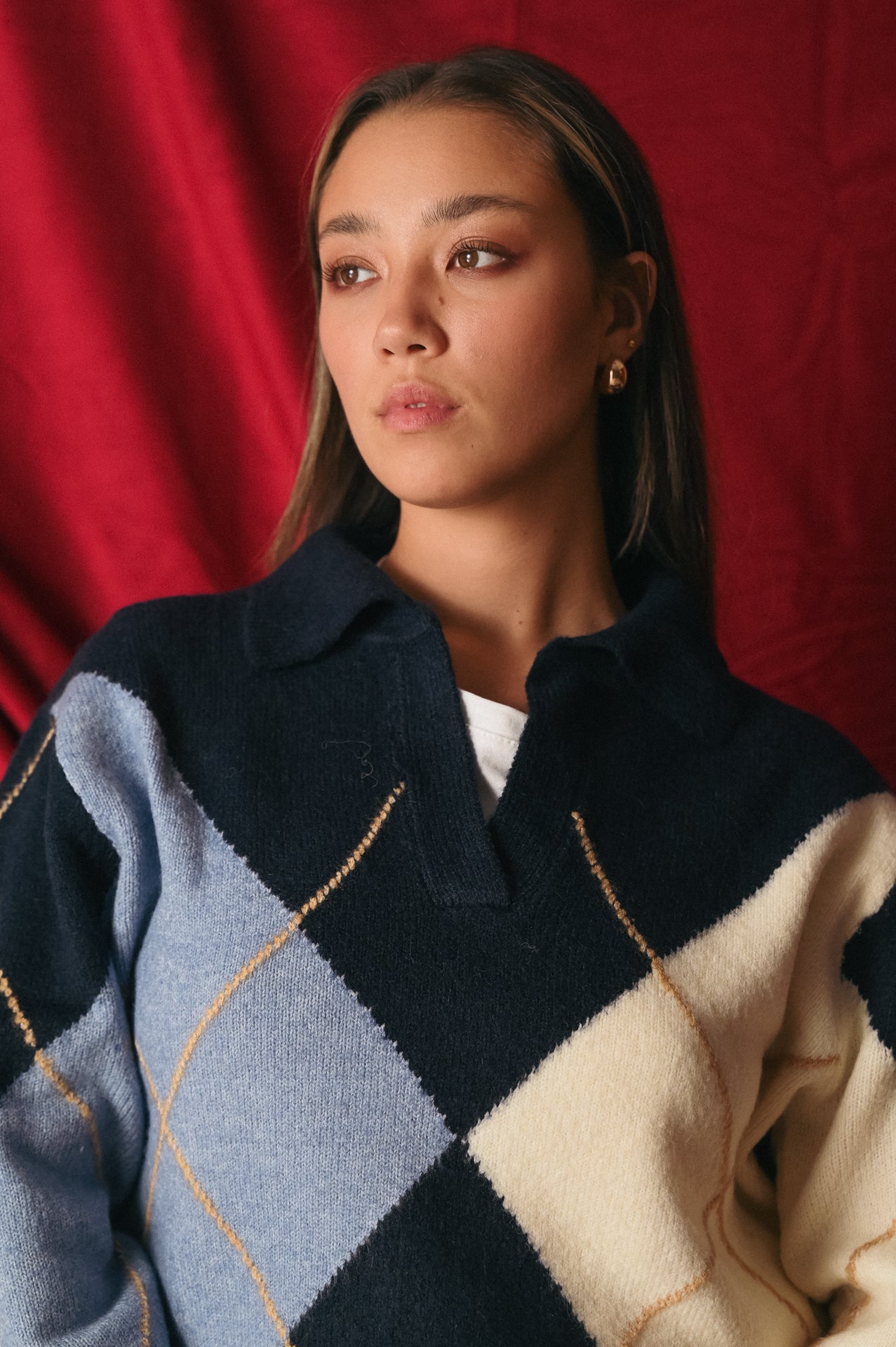 Maglione Donna Argyle Collo Polo | Pullover Rombo Scollo a V | Stile Preppy