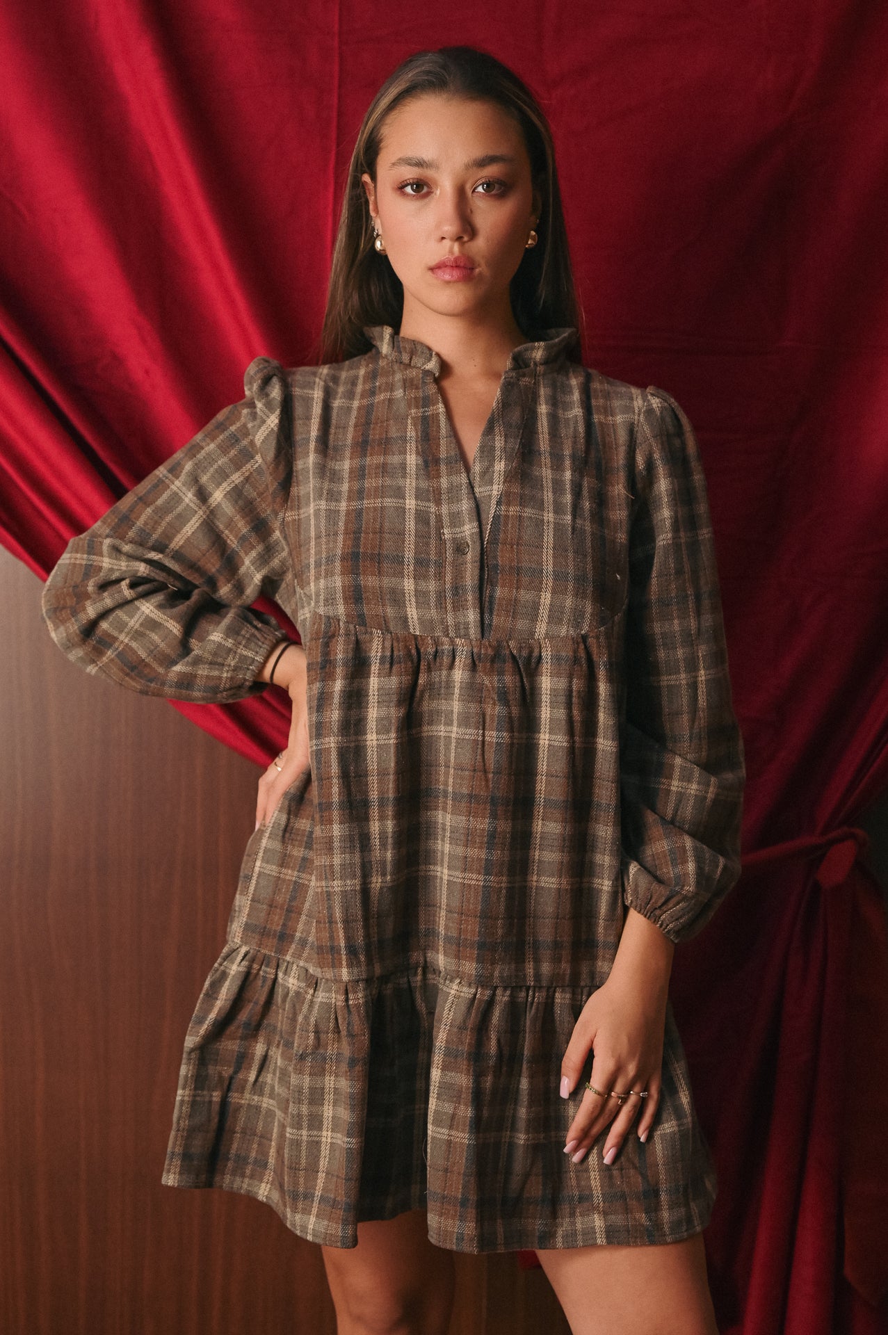 Mini Abito Tartan marrone donna | Vestito Scozzese | Taglio Svasato Strutturato