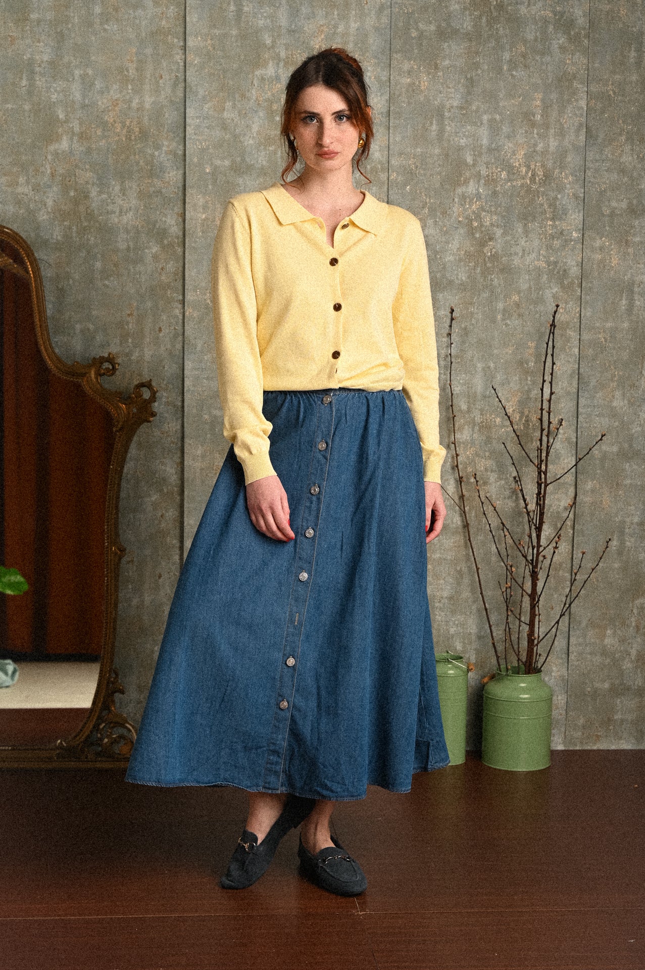 Gonna denim lunga Coriandolo con bottoni frontali e vita elasticizzata