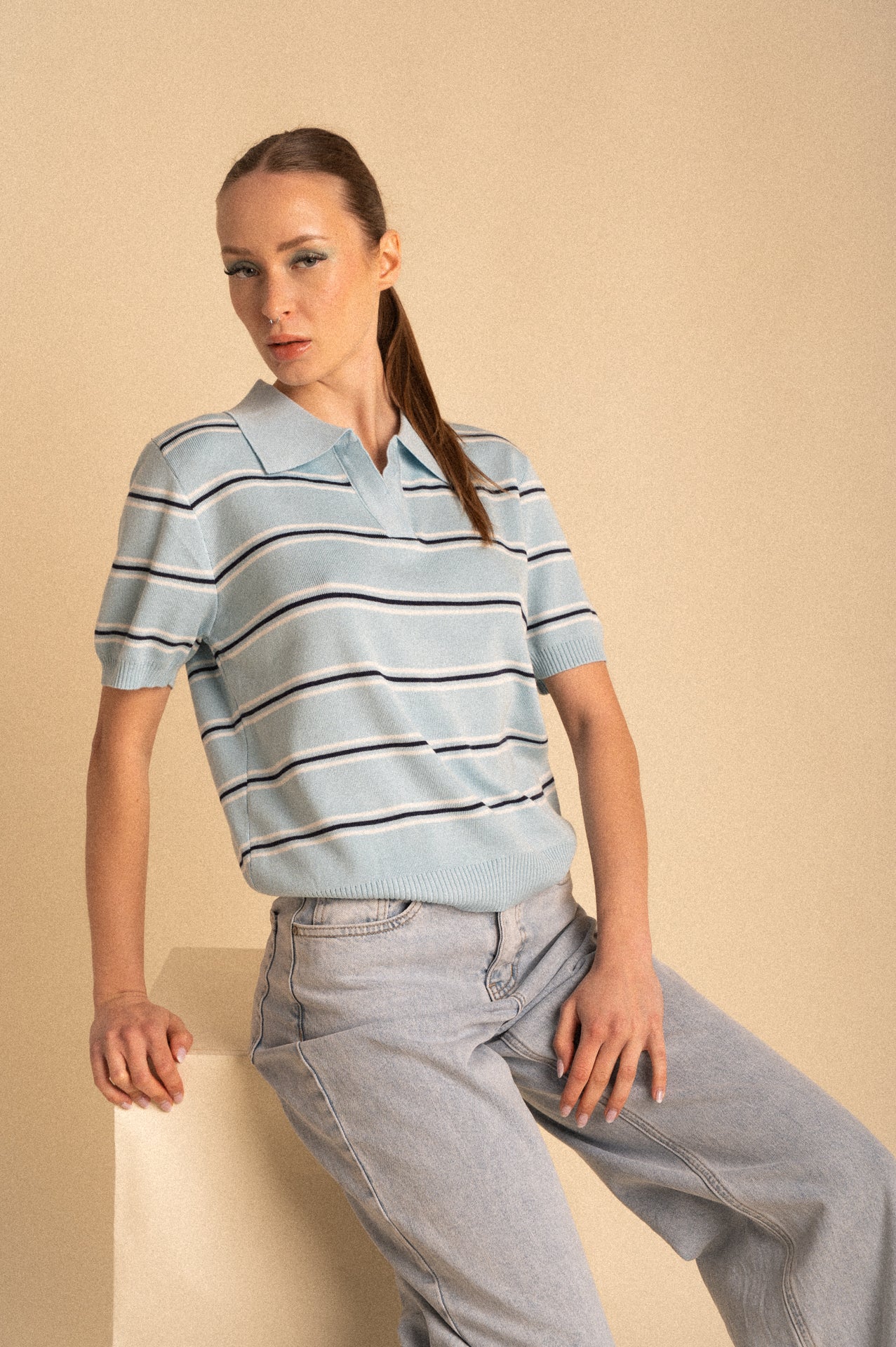 Polo Knit azzurra chiara a Righe