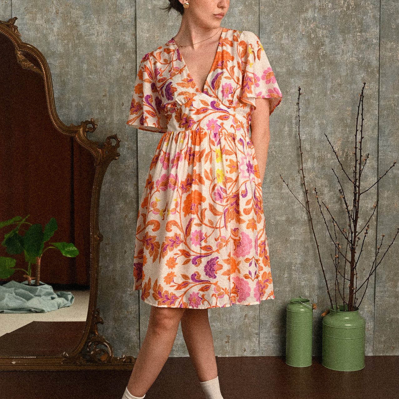 abito corto fantasia arancio donna scollo V viscosa