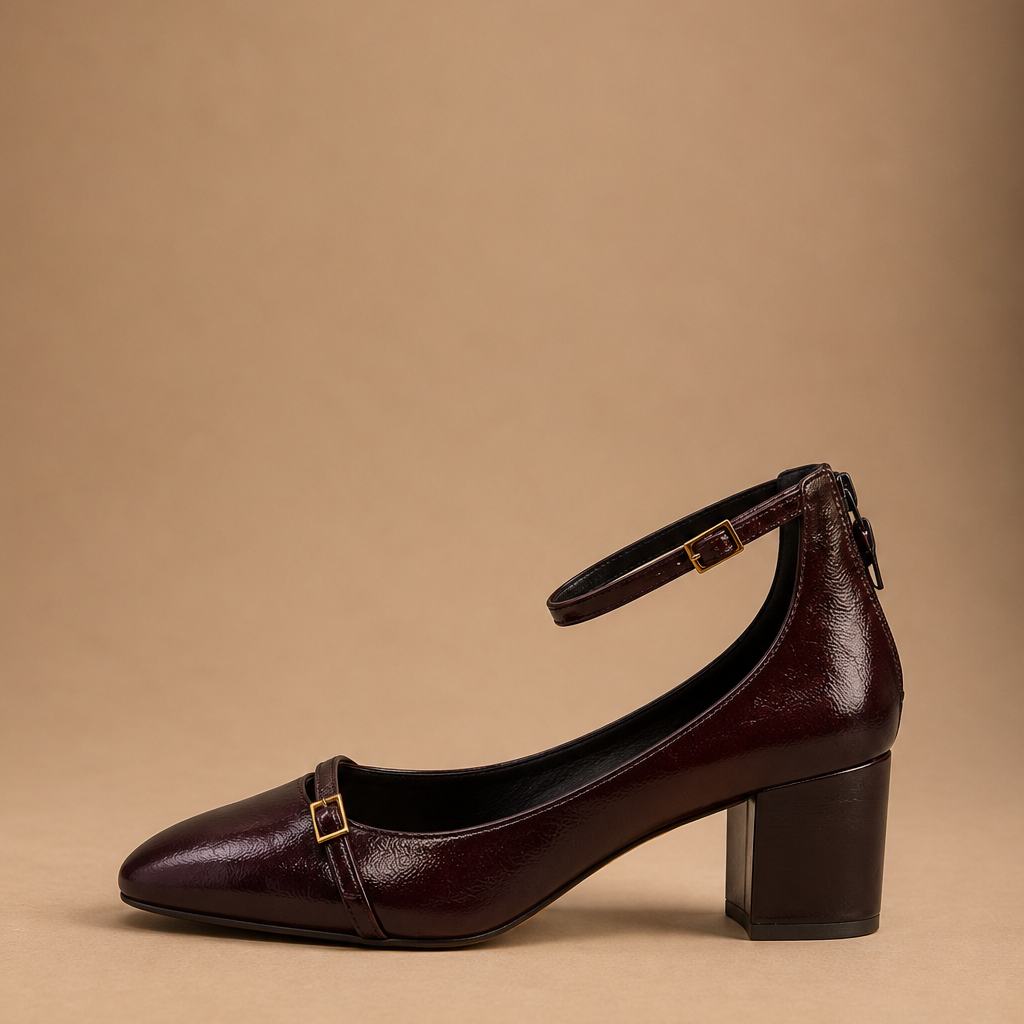 Décolleté Mary Jane Donna Wine Red in Effetto Pelle con Doppio Cinturino e Tacco a Blocco