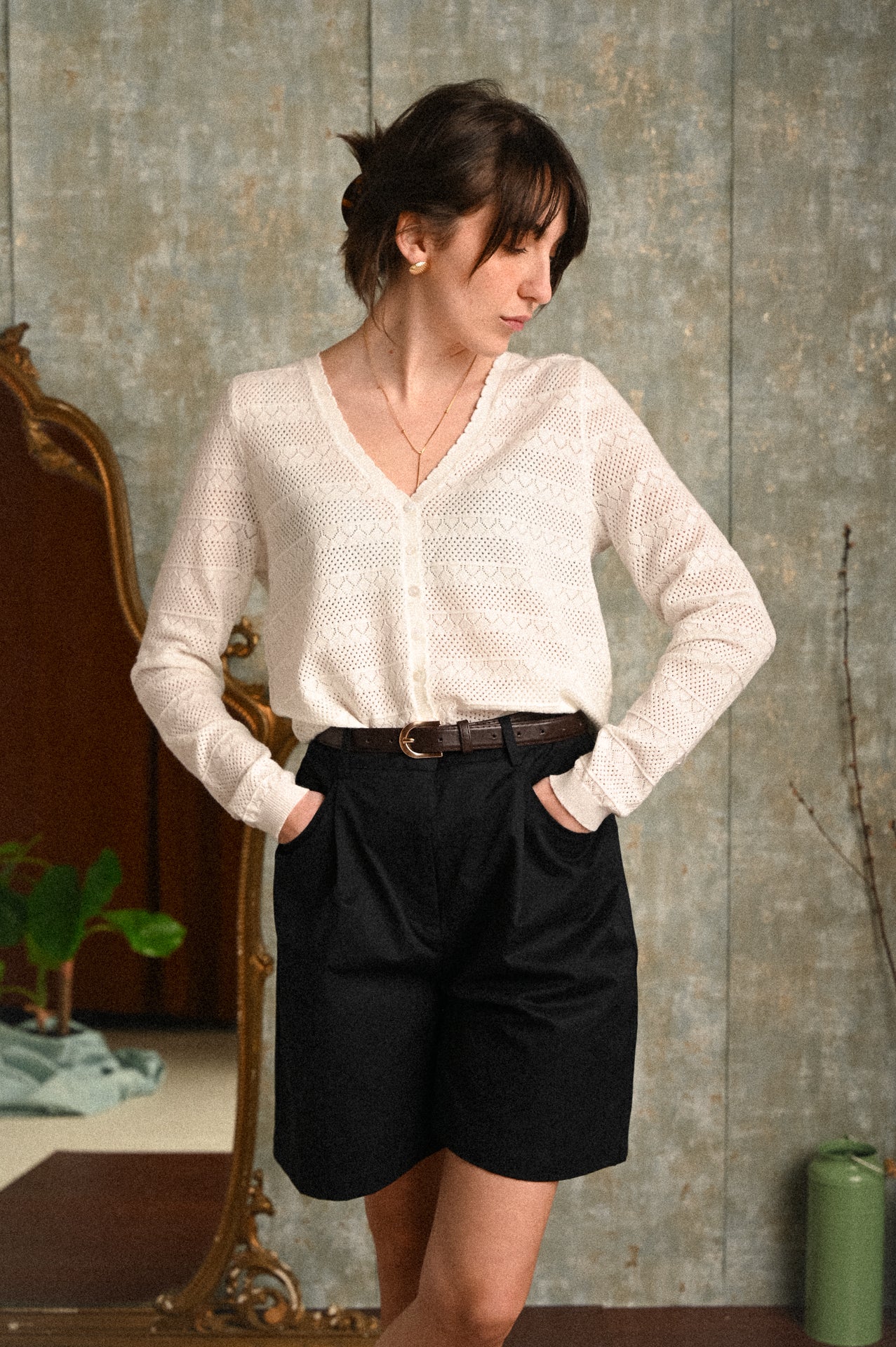 Cardigan Glicine Donna Bianco Traforato con Bottoni