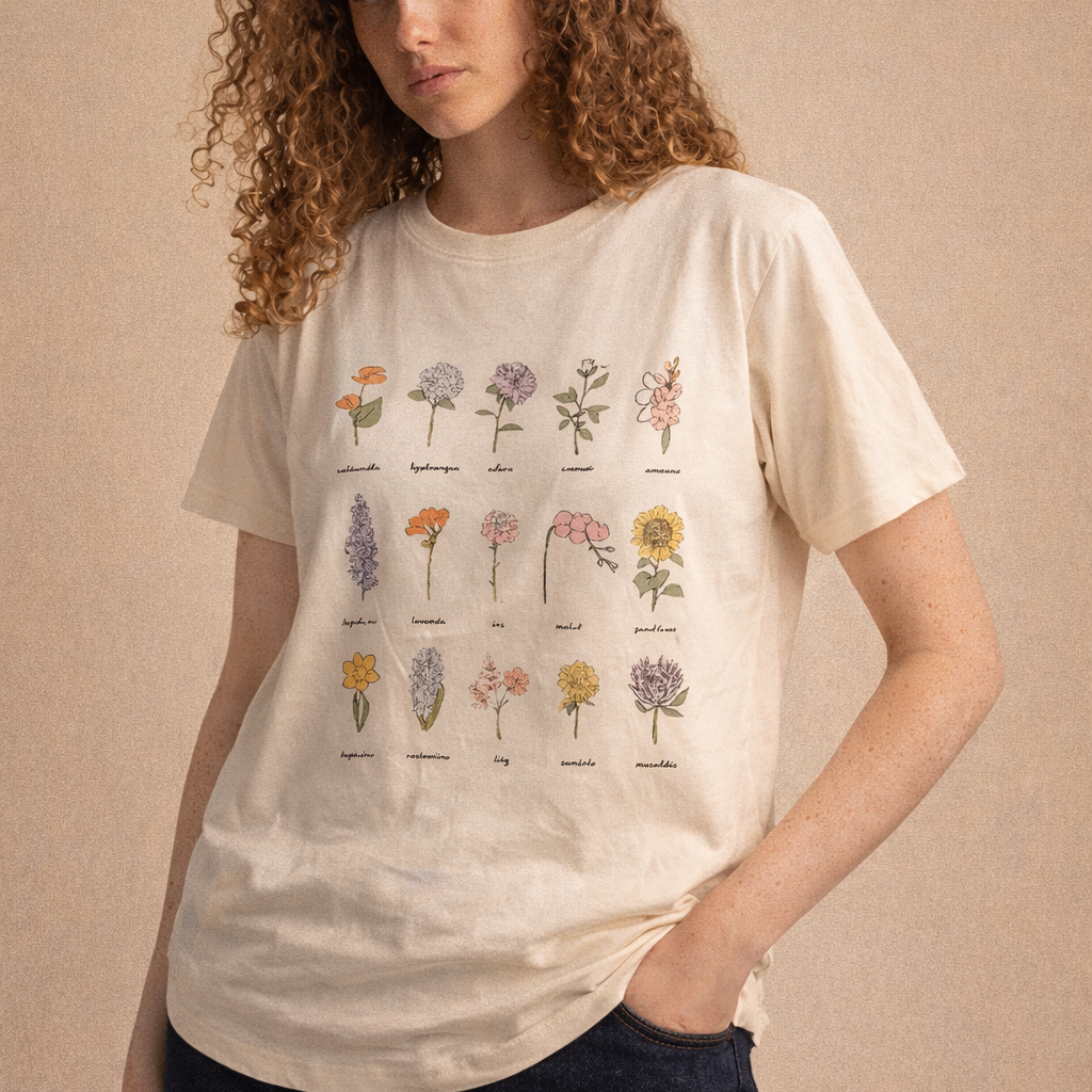 T-shirt donna bianca in cotone 100% con stampa floreale botanica