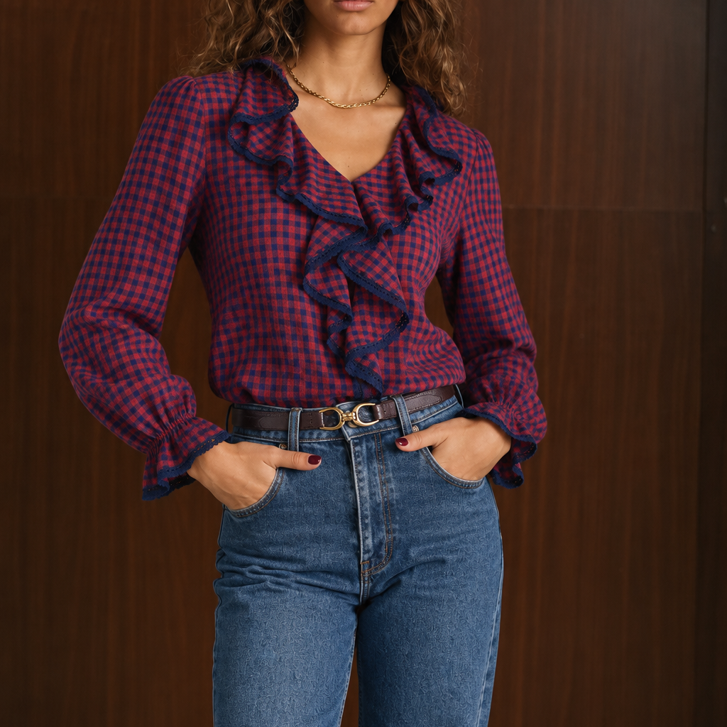 Camicia donna in cotone 100% a quadretti blu e arancio con volant