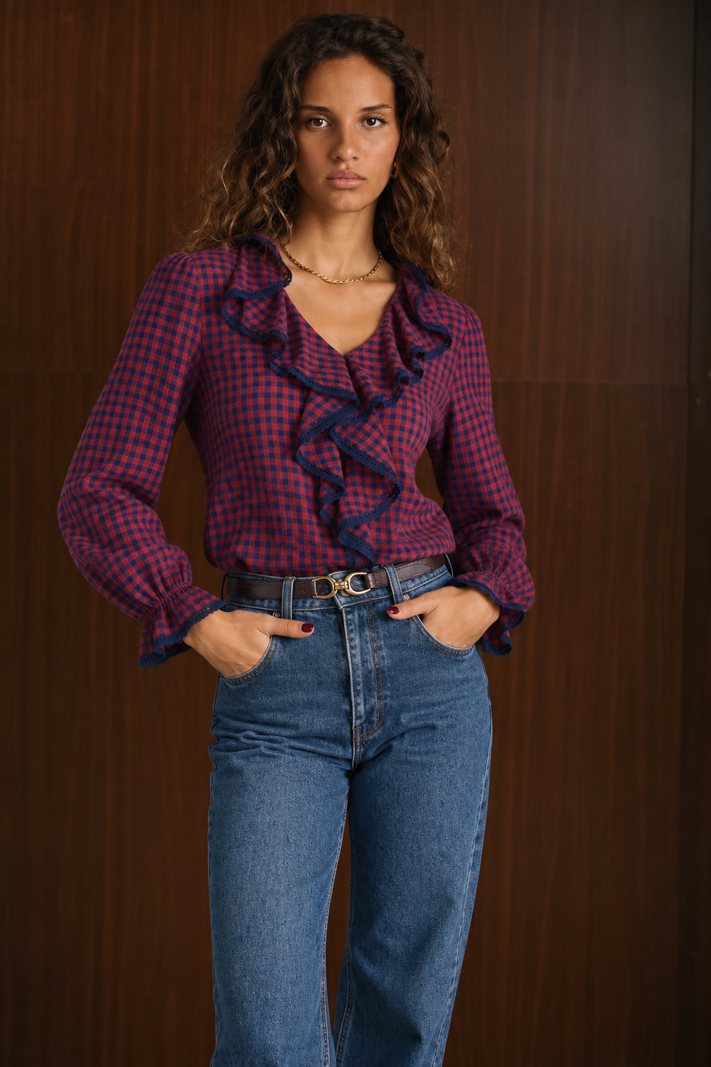 Camicia donna in cotone 100% a quadretti blu e arancio con volant