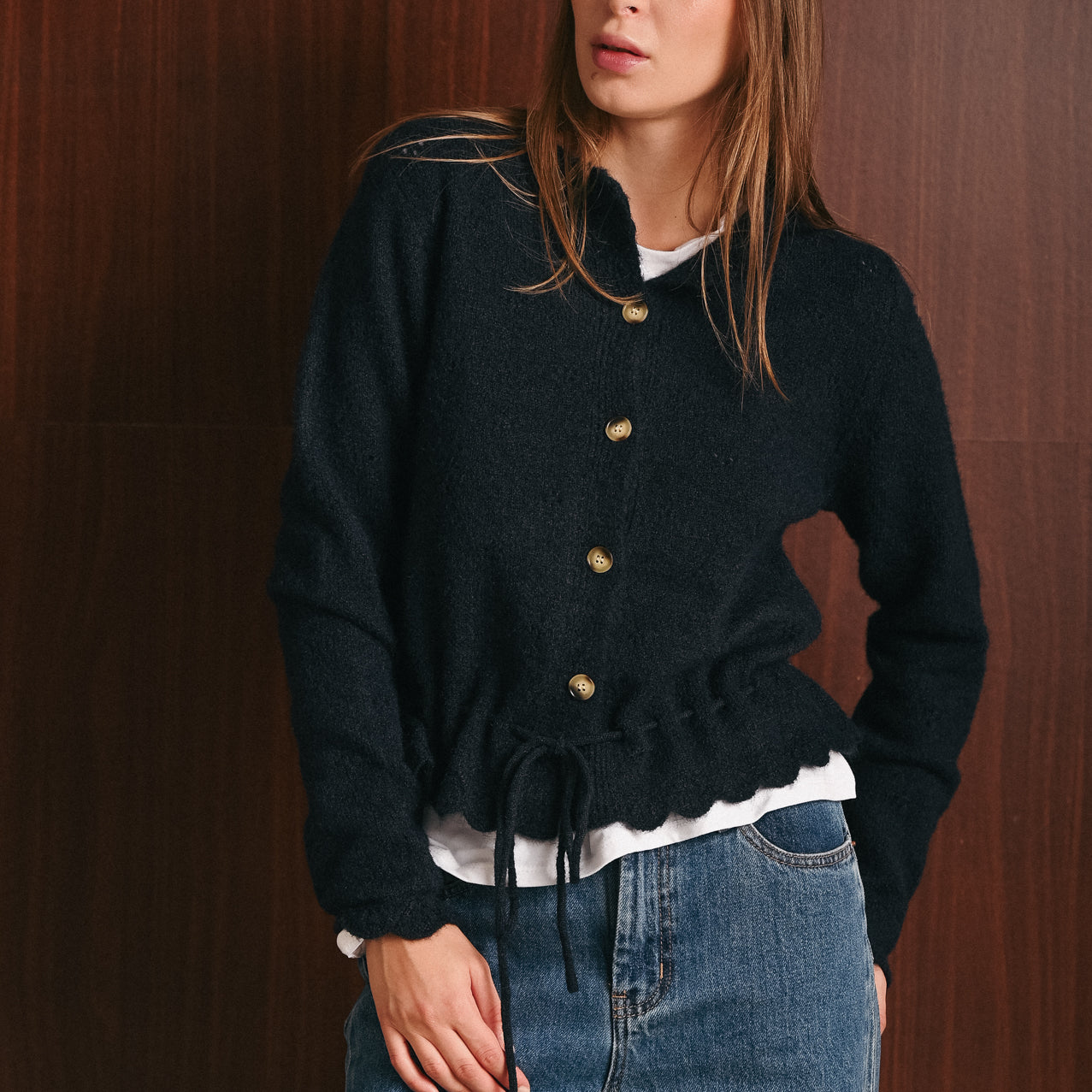 Cardigan Donna Blu Navy in Misto Lana con Ricamo Traforato e Cintura