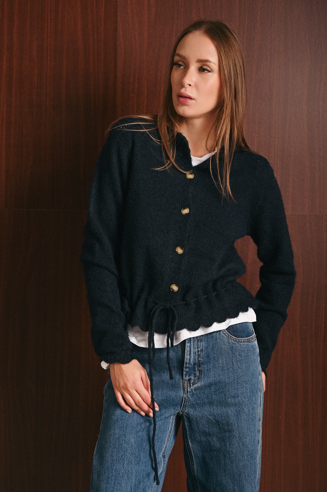 Cardigan Donna Blu Navy in Misto Lana con Ricamo Traforato e Cintura